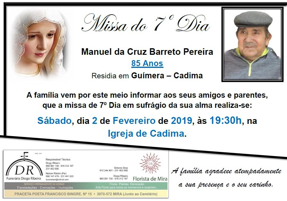 Missa 7º Dia Manuel da Cruz Barreto Pereira