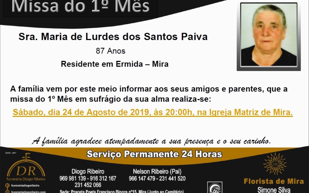 Missa 1º Mês Maria de Lurdes dos Santos Paiva