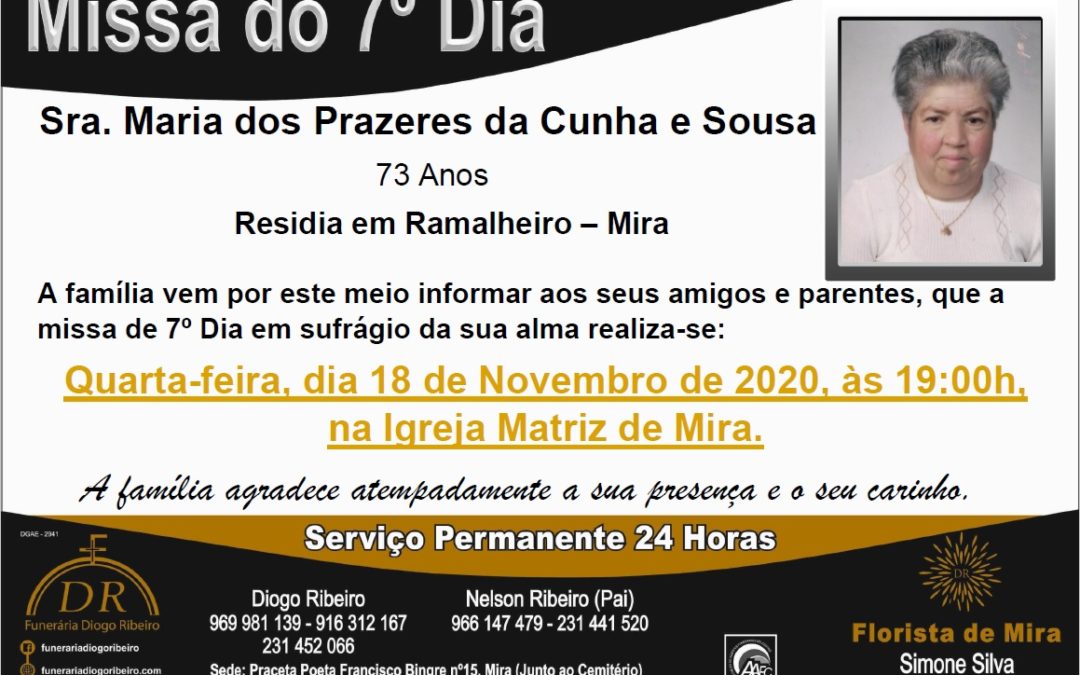 Missa 7º Dia Maria dos Prazeres da Cunha e Sousa