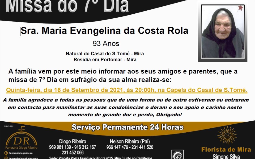 Missa 7º Dia Maria Evangelina da Costa Rola