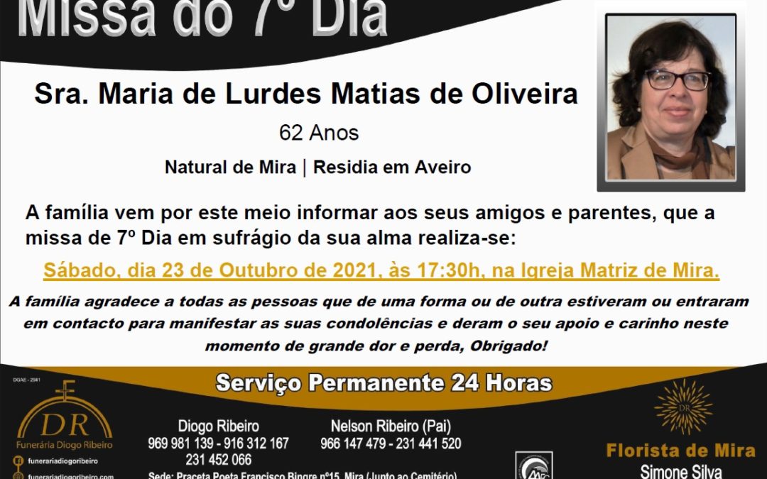 Missa 7º Dia Maria de Lurdes Matias de Oliveira