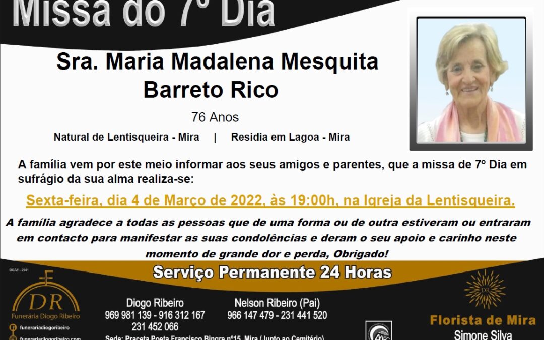 Missa 7º Dia Maria Madalena Mesquita Barreto Rico
