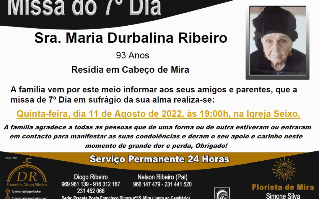 Missa 7º Dia Maria Durbalina Ribeiro