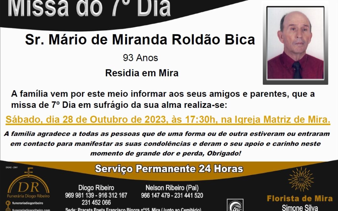 Missa 7º Dia Mário de Miranda Roldão Bica