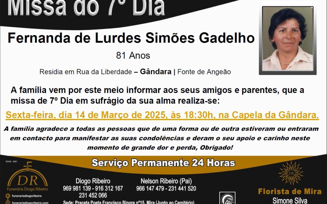 Missa 7º Dia Fernanda de Lurdes Simões Gadelho