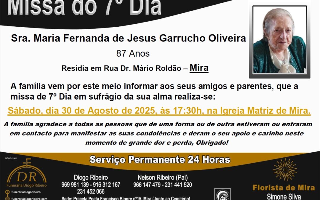 Missa 7º Dia Maria Fernanda de Jesus Garrucho Oliveira