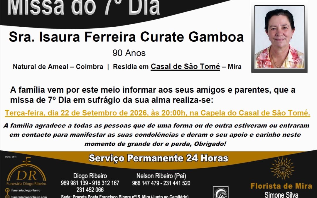 Missa 7º Dia Isaura Ferreira Curate Gamboa