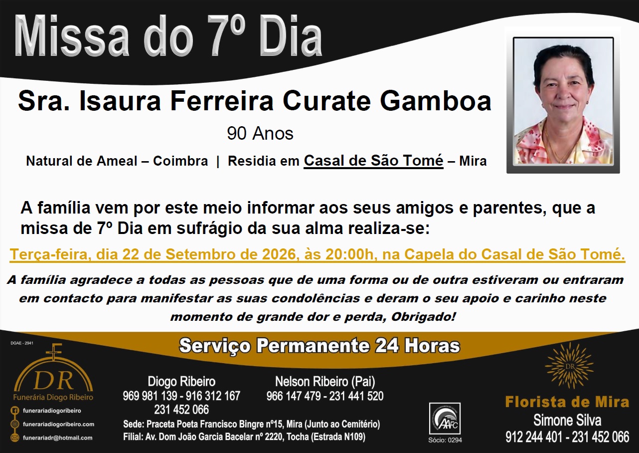 Missa 7º Dia Isaura Ferreira Curate Gamboa